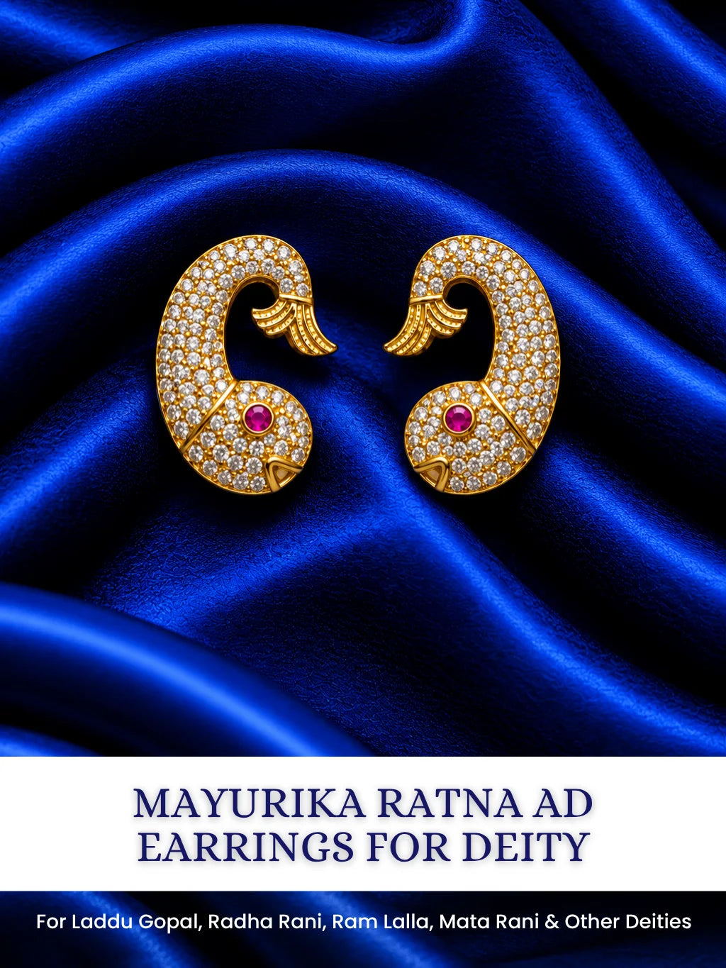Mayurika Ratna AD Earrings for Deity with peacock-inspired elegance and sparkling AD stones. Beautiful jewellery for Radha Rani and festive shringar.