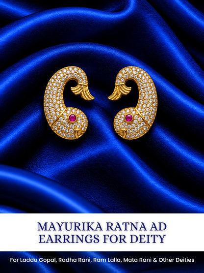 Mayurika Ratna AD Earrings for Deity with peacock-inspired elegance and sparkling AD stones. Beautiful jewellery for Radha Rani and festive shringar.