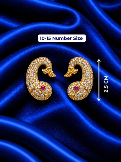 Mayurika Ratna AD Earrings for Deity with peacock-inspired elegance and sparkling AD stones. Beautiful jewellery for Radha Rani and festive shringar.