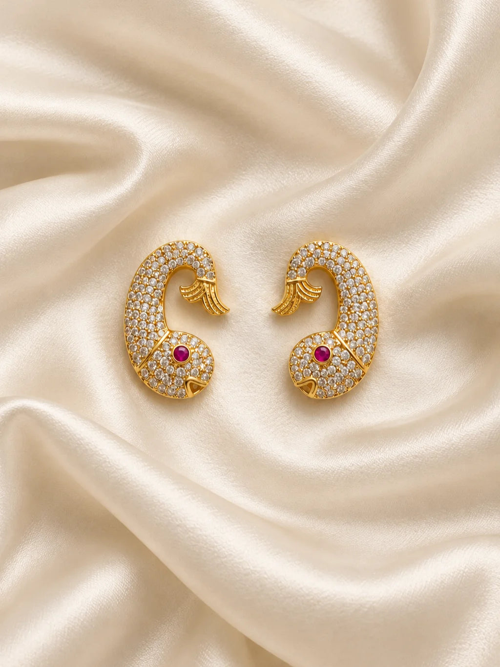 Mayurika Ratna AD Earrings for Deity with peacock-inspired elegance and sparkling AD stones. Beautiful jewellery for Radha Rani and festive shringar.