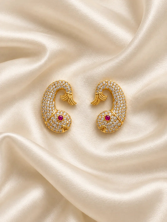 Mayurika Ratna AD Earrings for Deity with peacock-inspired elegance and sparkling AD stones. Beautiful jewellery for Radha Rani and festive shringar.