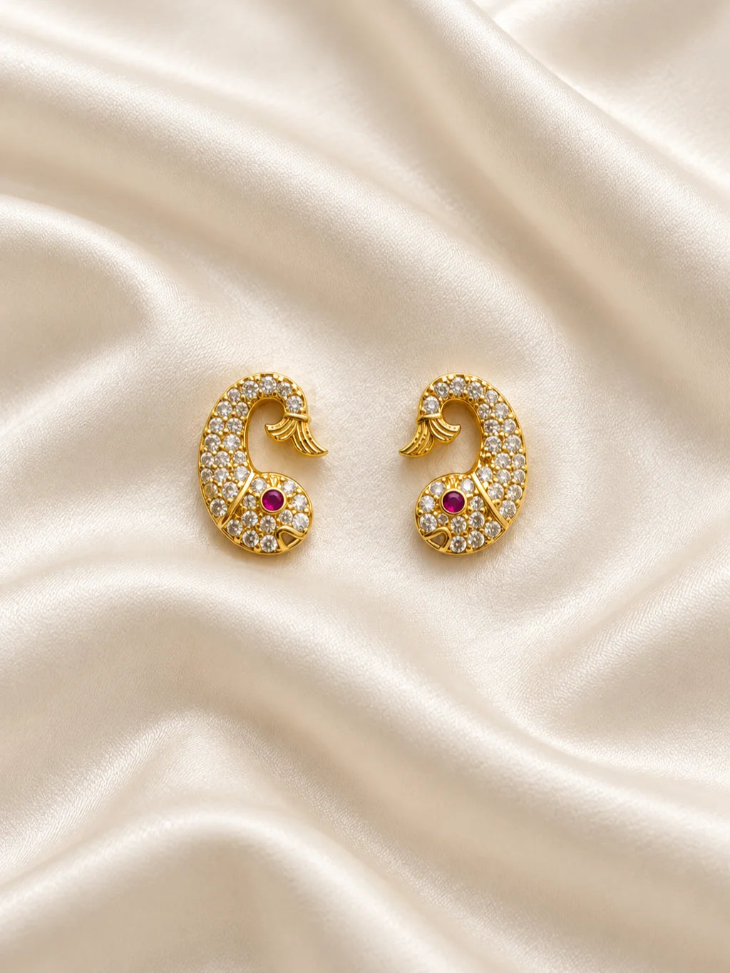 Mayurika Ratna AD Earrings for Deity with peacock-inspired elegance and sparkling AD stones. Beautiful jewellery for Radha Rani and festive shringar.
