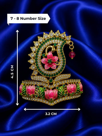 Premium gold plated Meenakari Kalka mukut crown with white American Diamonds and traditional paisley motifs for Laddu Gopal deity shringar