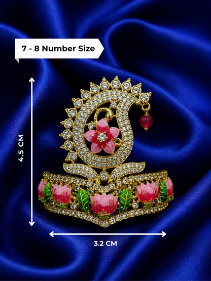 Premium gold plated Meenakari Kalka mukut crown with white American Diamonds and traditional paisley motifs for Laddu Gopal deity shringar