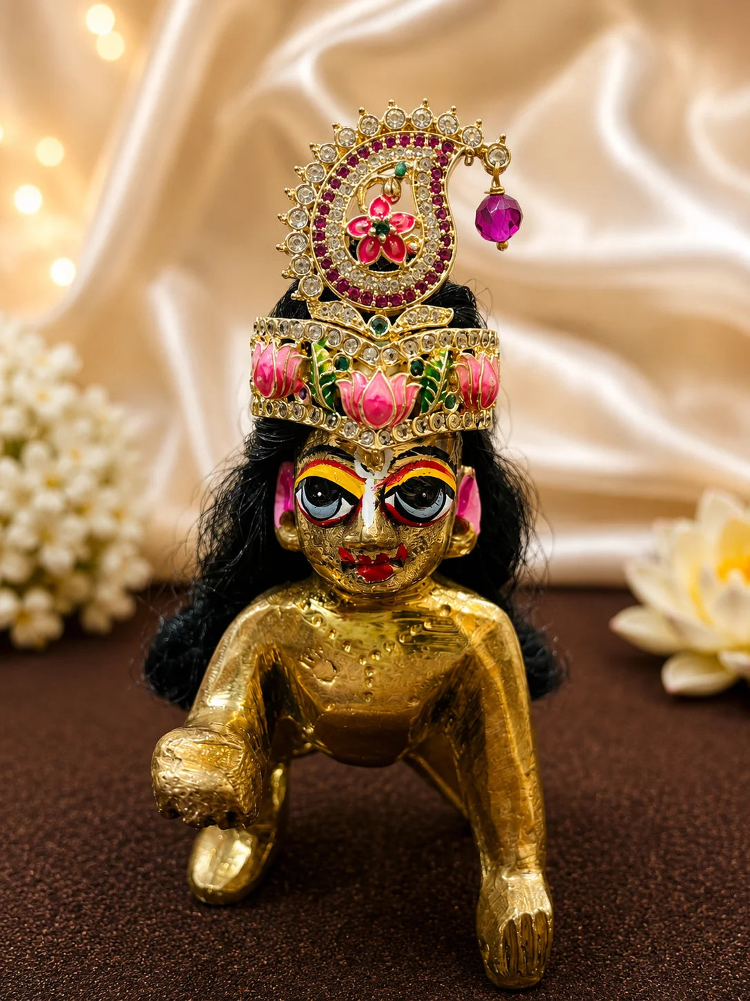 Premium gold plated Meenakari Kalka mukut crown with white American Diamonds and traditional paisley motifs for Laddu Gopal deity shringar