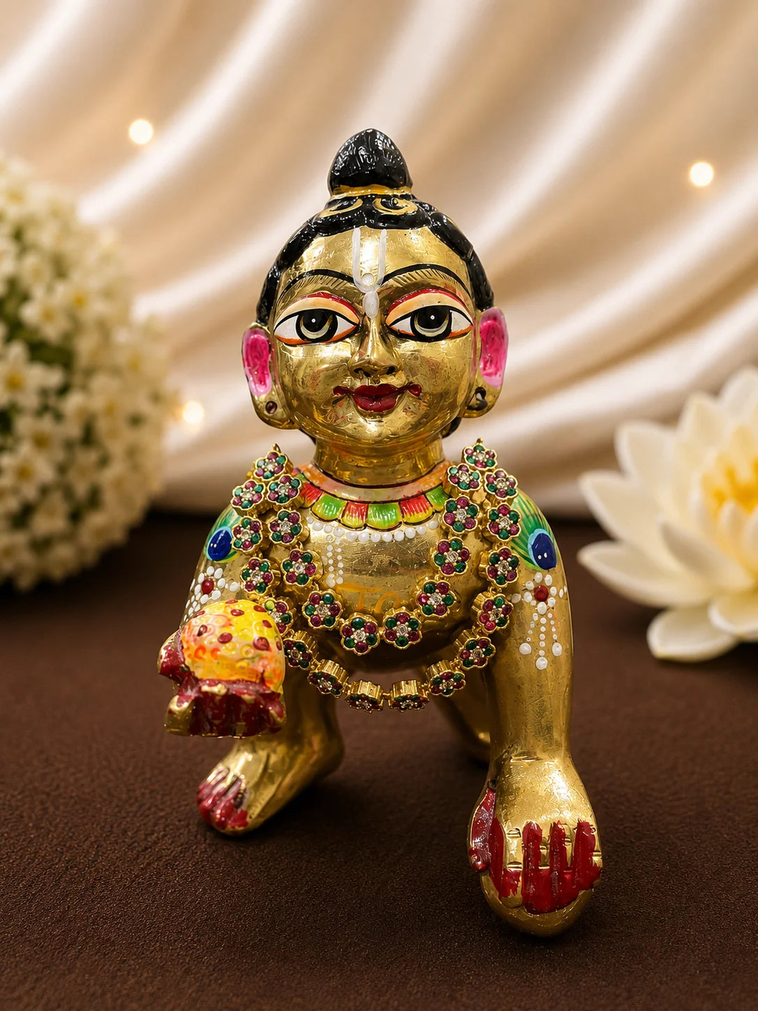 Premium gold-plated layered multicolor Meenakari and American Diamond garland necklace for deity shringar