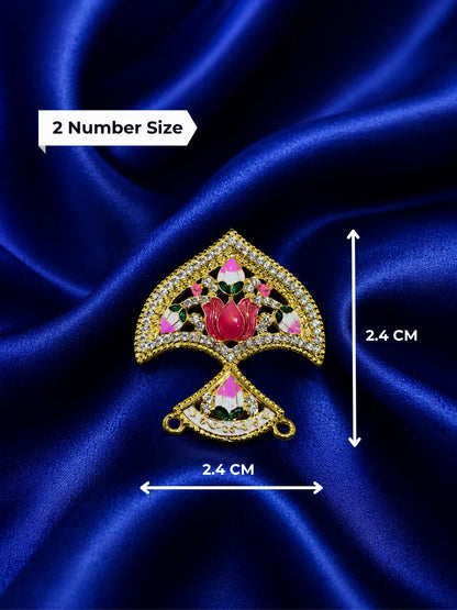 Gold plated traditional seep shaped deity crown embedded with white American diamonds and pink lotus Meenakari work on a rich navy blue satin background