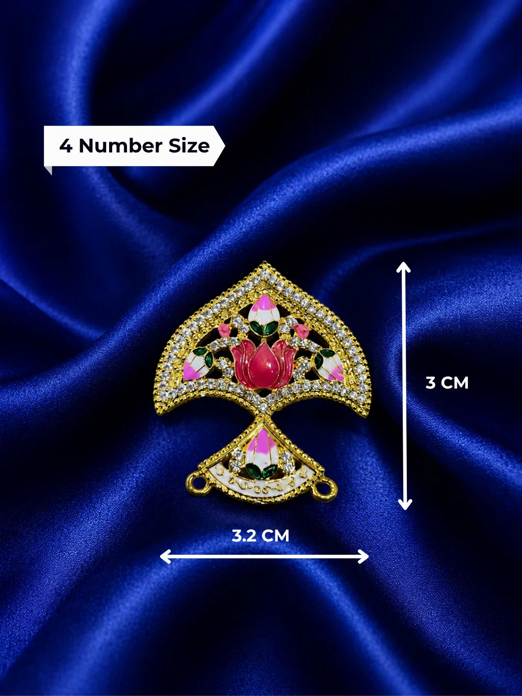 Gold plated traditional seep shaped deity crown embedded with white American diamonds and pink lotus Meenakari work on a rich navy blue satin background