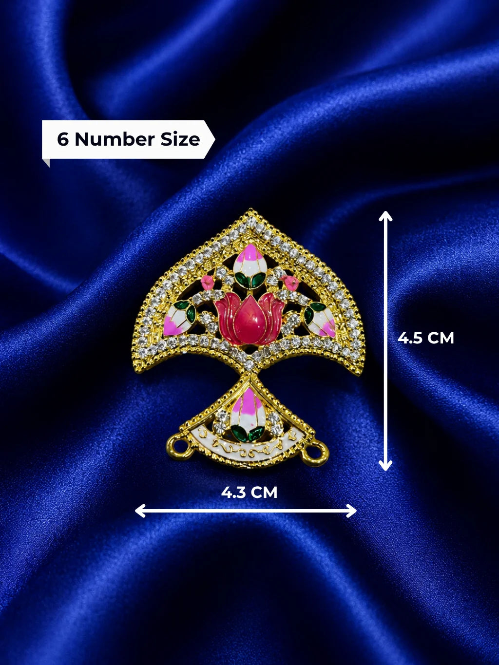 Gold plated traditional seep shaped deity crown embedded with white American diamonds and pink lotus Meenakari work on a rich navy blue satin background
