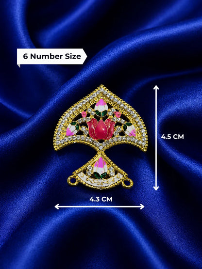 Gold plated traditional seep shaped deity crown embedded with white American diamonds and pink lotus Meenakari work on a rich navy blue satin background