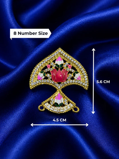 Gold plated traditional seep shaped deity crown embedded with white American diamonds and pink lotus Meenakari work on a rich navy blue satin background