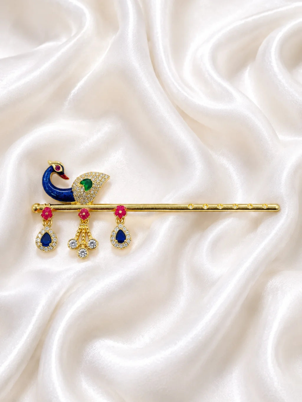Meenakari Peacock Bansuri for Laddu Gopal – Handcrafted Golden Flute