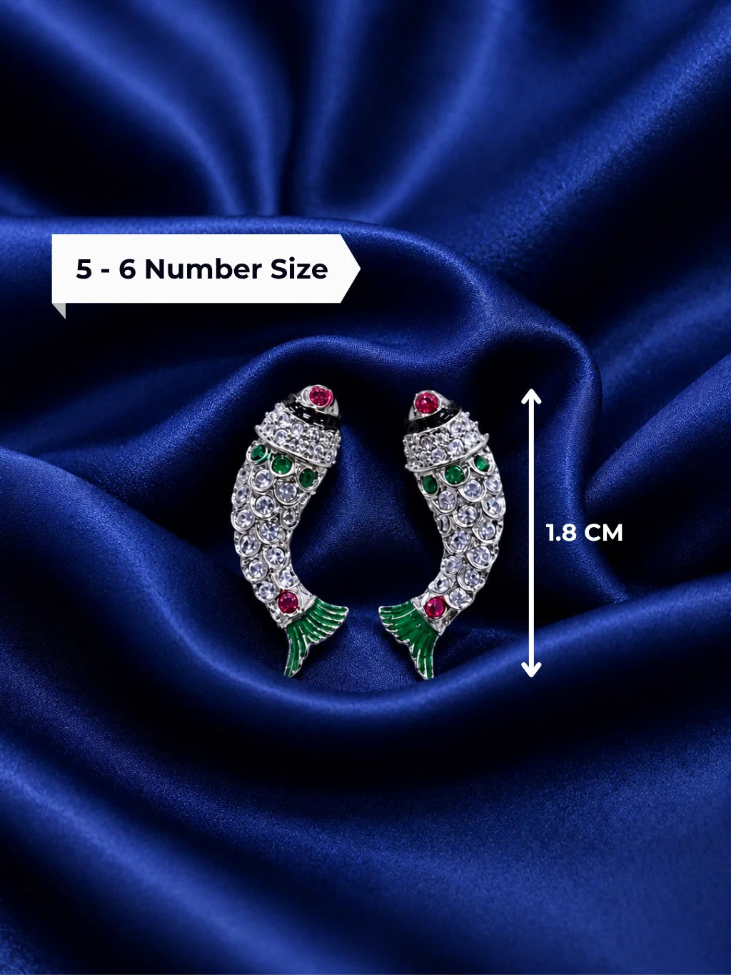 Traditional Matsya shape deity Kundal earrings with sparkling AD stones and red enamel accents for Laddu Gopal Ji