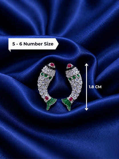 Traditional Matsya shape deity Kundal earrings with sparkling AD stones and red enamel accents for Laddu Gopal Ji