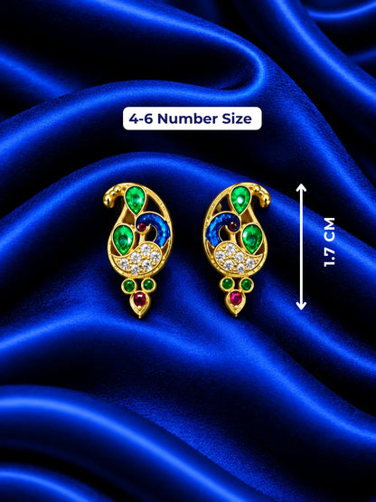 Morangana AD Earrings for Deity with peacock-inspired ornamental design and sparkling American Diamond stone work
