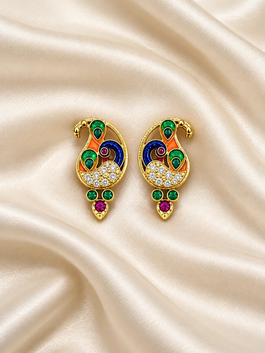 Morangana AD Earrings for Deity with peacock-inspired ornamental design and sparkling American Diamond stone work
