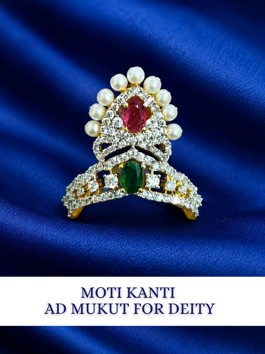 Moti Kanti AD Mukut for Deity, adorned with elegant pearls and sparkling silver-tone AD stones for festive, temple and daily shringar.
