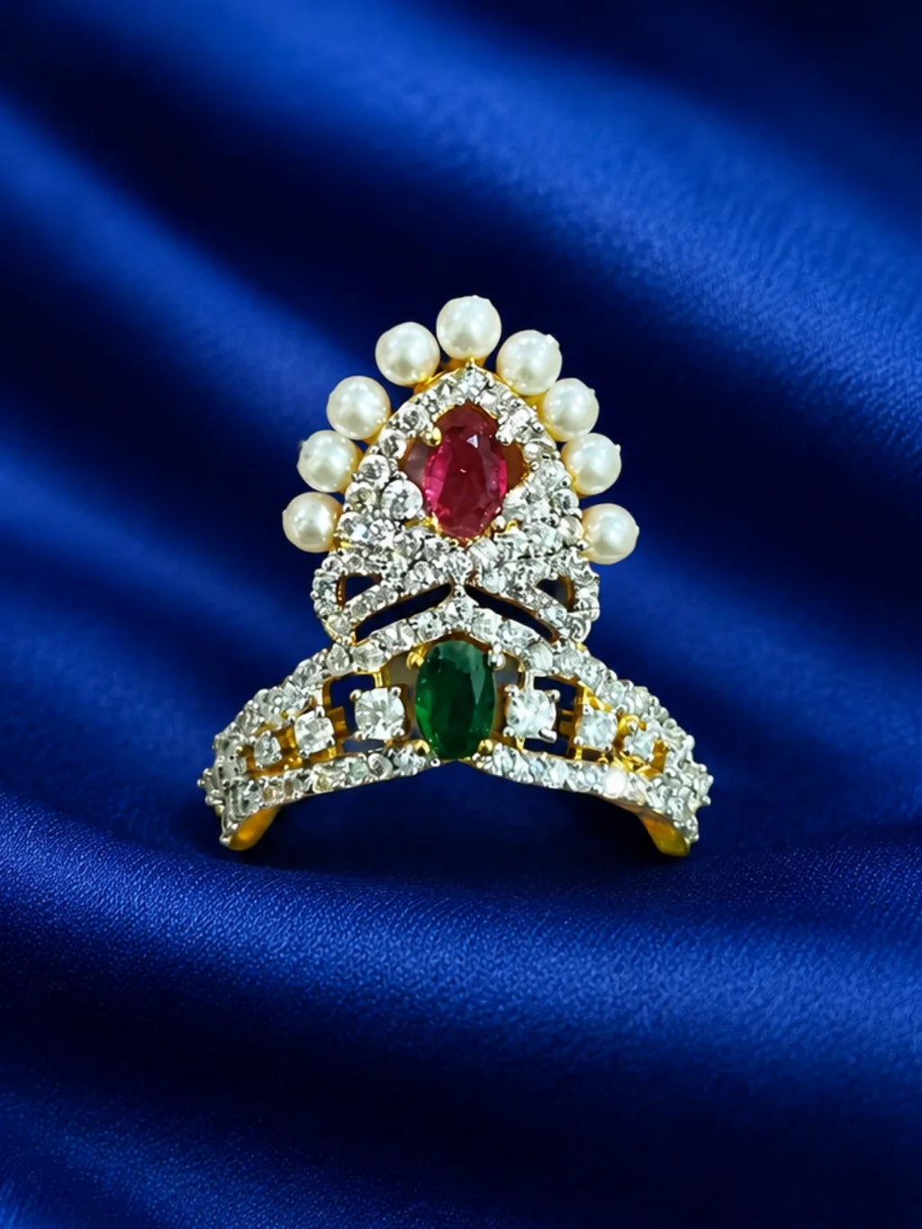 Moti Kanti AD Mukut for Deity, adorned with elegant pearls and sparkling silver-tone AD stones for festive, temple and daily shringar.
