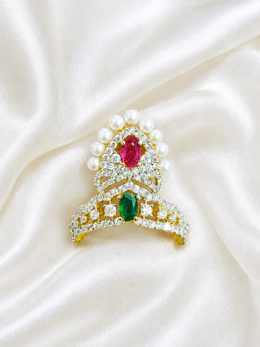 Moti Kanti AD Mukut for Deity, adorned with elegant pearls and sparkling silver-tone AD stones for festive, temple and daily shringar.
