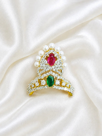 Moti Kanti AD Mukut for Deity, adorned with elegant pearls and sparkling silver-tone AD stones for festive, temple and daily shringar.
