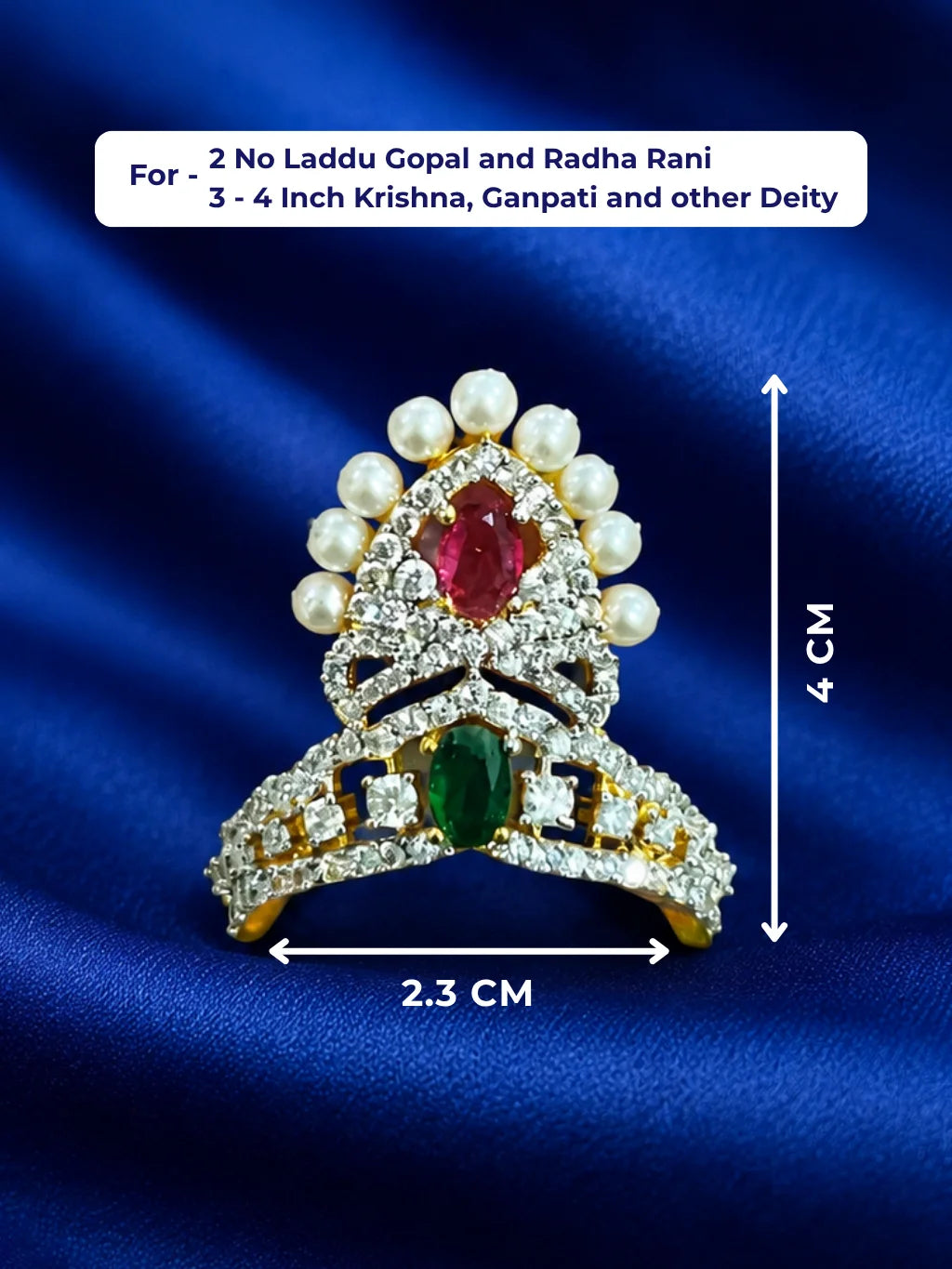 Moti Kanti AD Mukut for Deity, adorned with elegant pearls and sparkling silver-tone AD stones for festive, temple and daily shringar.
