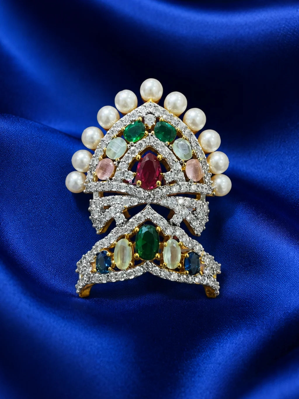 Moti Ratna AD Mukut with pearls and silver-tone stones for deity