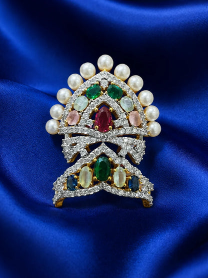 Moti Ratna AD Mukut with pearls and silver-tone stones for deity