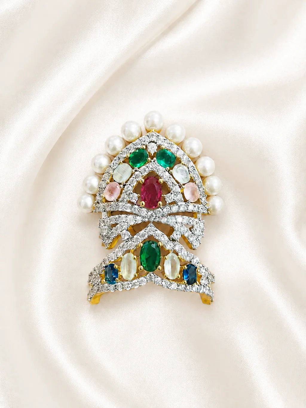 Moti Ratna AD Mukut with pearls and silver-tone stones for deity