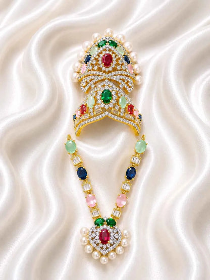 Royal Navratan Mukut & Kanthi Haar Shringar Set for Laddu Gopal & Deities