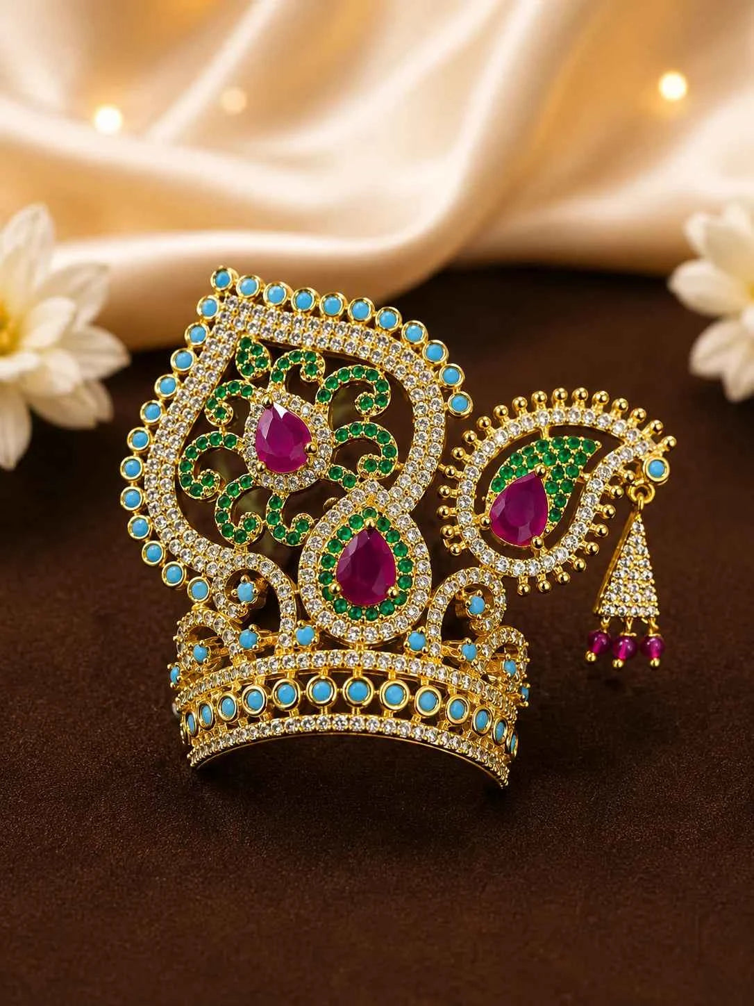 Silver Plated Jadau AD Mukut for Deity