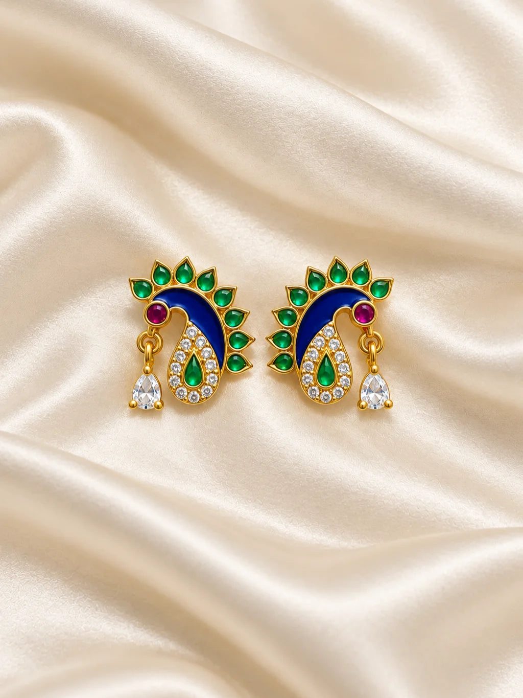 Neel Mayuri AD Earrings for Deity with blue jewel-inspired peacock styling and sparkling American Diamond detailing
