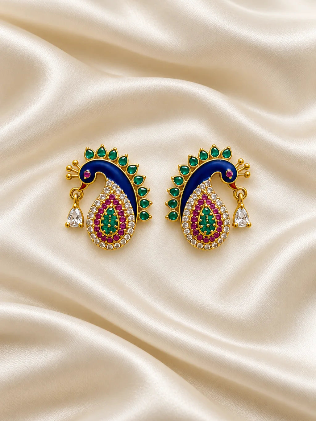 Neel Mayuri AD Earrings for Deity with blue jewel-inspired peacock styling and sparkling American Diamond detailing
