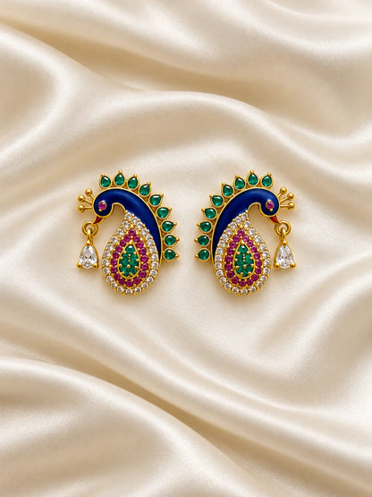 Neel Mayuri AD Earrings for Deity with blue jewel-inspired peacock styling and sparkling American Diamond detailing
