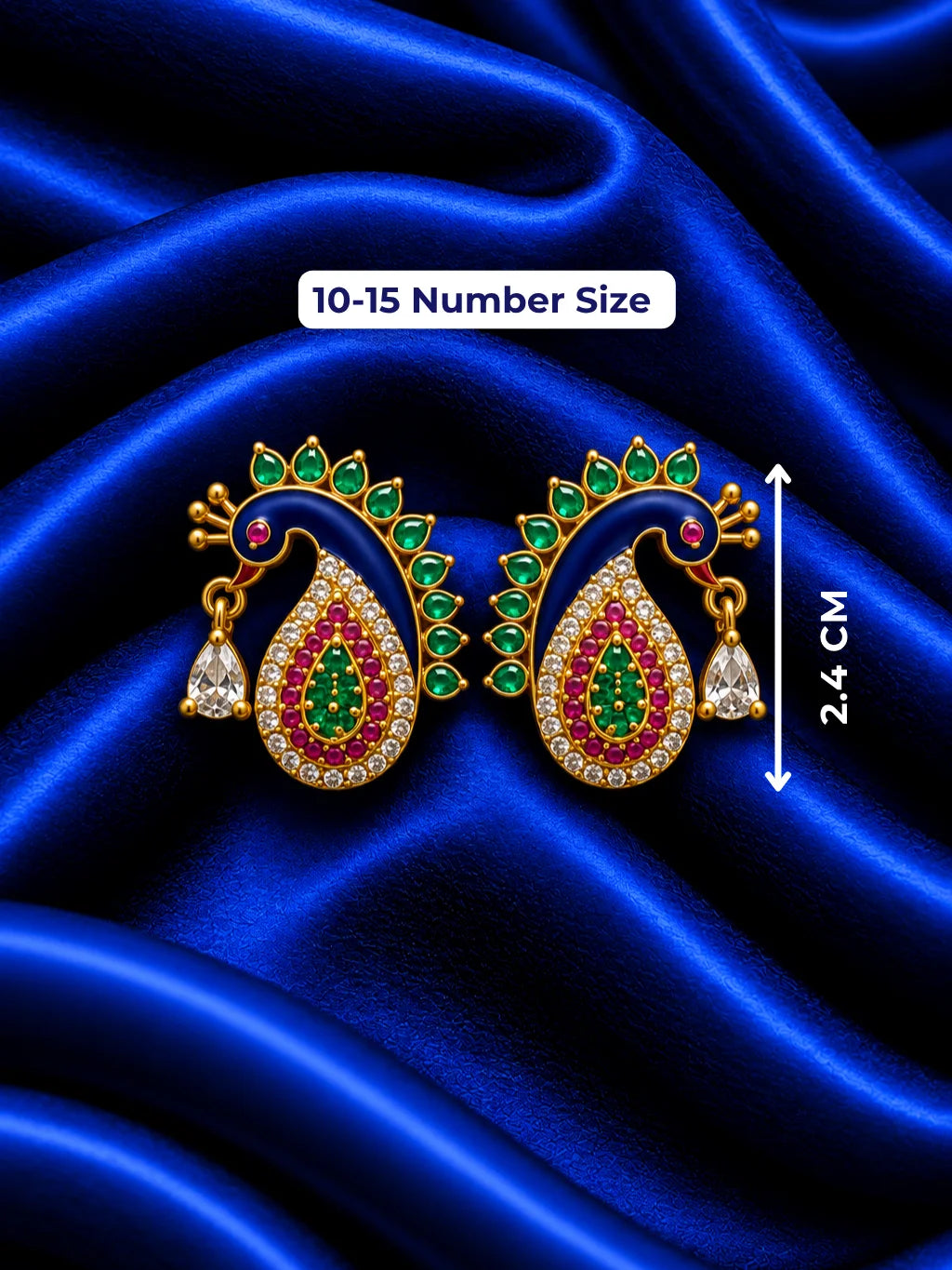 Neel Mayuri AD Earrings for Deity with blue jewel-inspired peacock styling and sparkling American Diamond detailing
