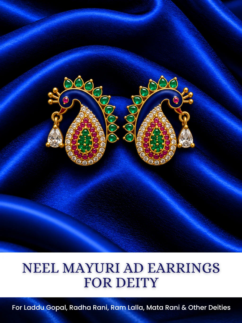 Neel Mayuri AD Earrings for Deity with blue jewel-inspired peacock styling and sparkling American Diamond detailing
