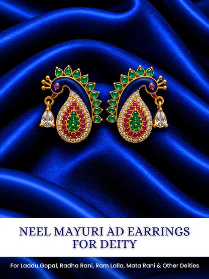 Neel Mayuri AD Earrings for Deity with blue jewel-inspired peacock styling and sparkling American Diamond detailing
