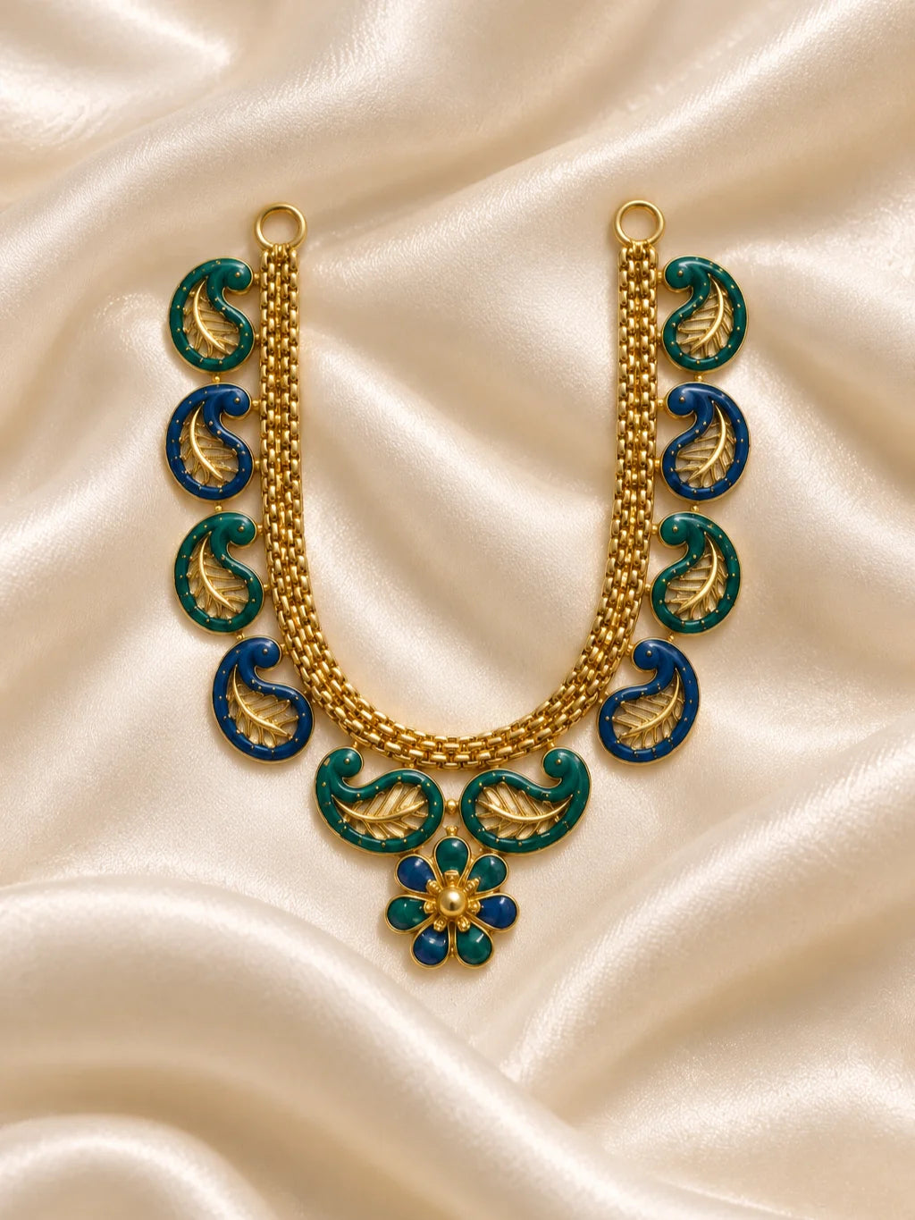 Neel Mayuri Gold Plated Haar for Deity featuring elegant peacock-inspired detailing and a rich golden finish. Ideal for Laddu Gopal & festive shringar.