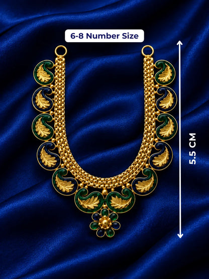 Neel Mayuri Gold Plated Haar for Deity featuring elegant peacock-inspired detailing and a rich golden finish. Ideal for Laddu Gopal & festive shringar.