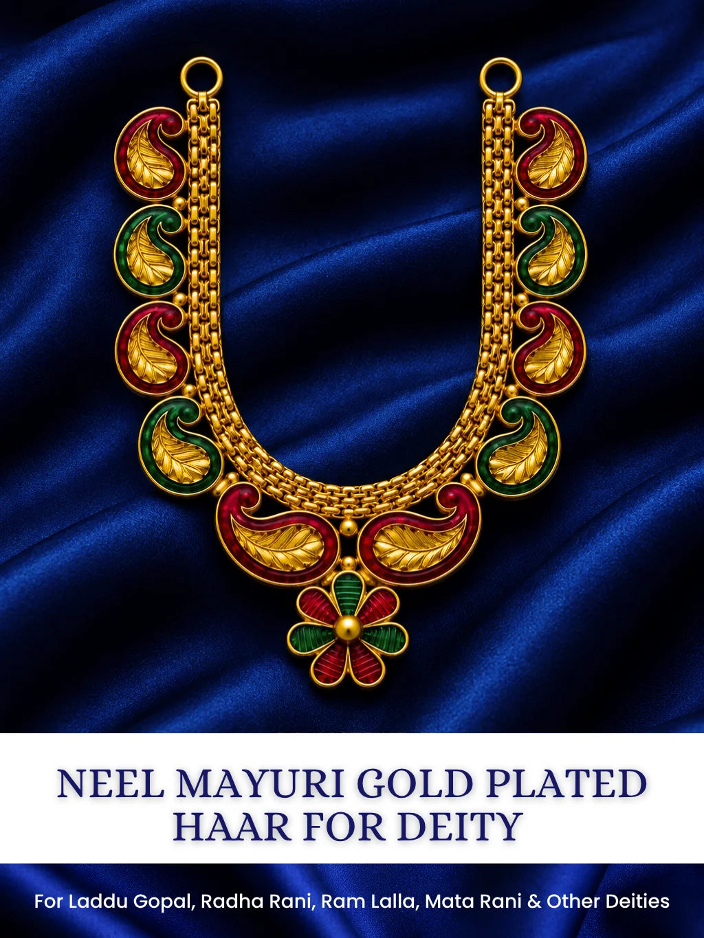 Neel Mayuri Gold Plated Haar for Deity featuring elegant peacock-inspired detailing and a rich golden finish. Ideal for Laddu Gopal & festive shringar.