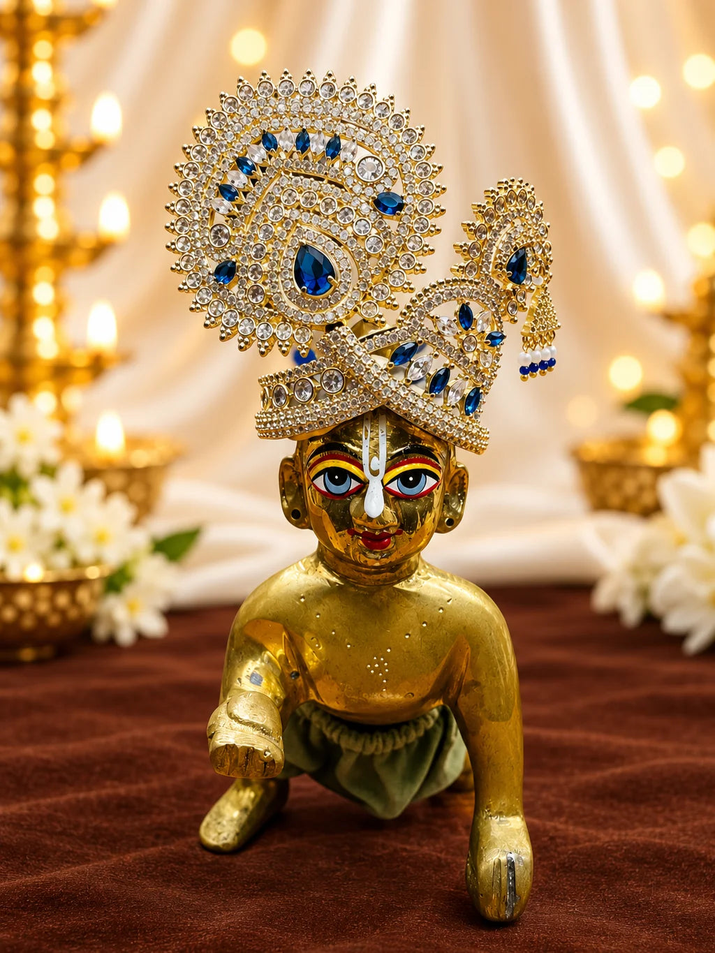 Neel Ratna Darbar AD Mukut for Deity with royal blue jewel-inspired accents and sparkling American Diamond detailing

