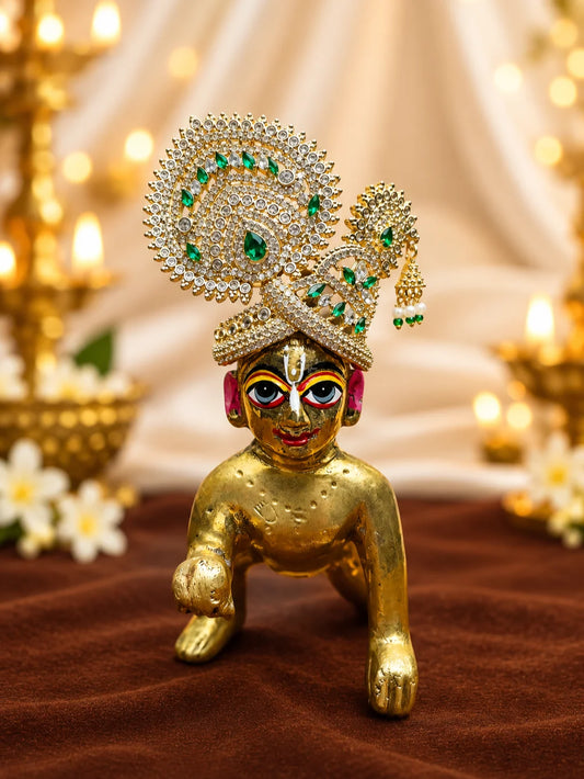 Neel Ratna Darbar AD Mukut for Deity with royal blue jewel-inspired accents and sparkling American Diamond detailing
