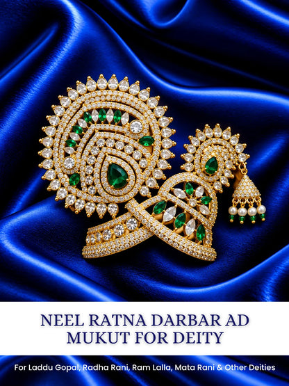 Neel Ratna Darbar AD Mukut for Deity with royal blue jewel-inspired accents and sparkling American Diamond detailing
