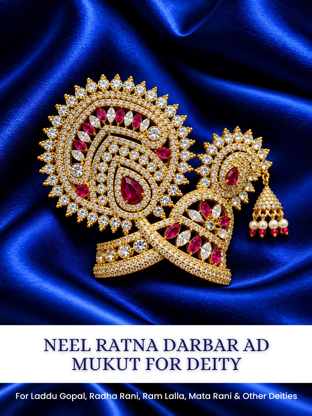 Neel Ratna Darbar AD Mukut for Deity with royal blue jewel-inspired accents and sparkling American Diamond detailing
