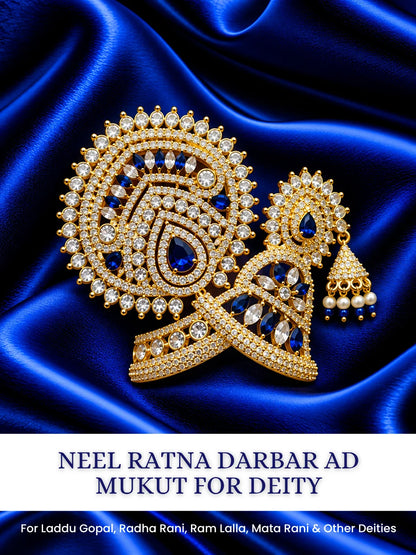 Neel Ratna Darbar AD Mukut for Deity with royal blue jewel-inspired accents and sparkling American Diamond detailing
