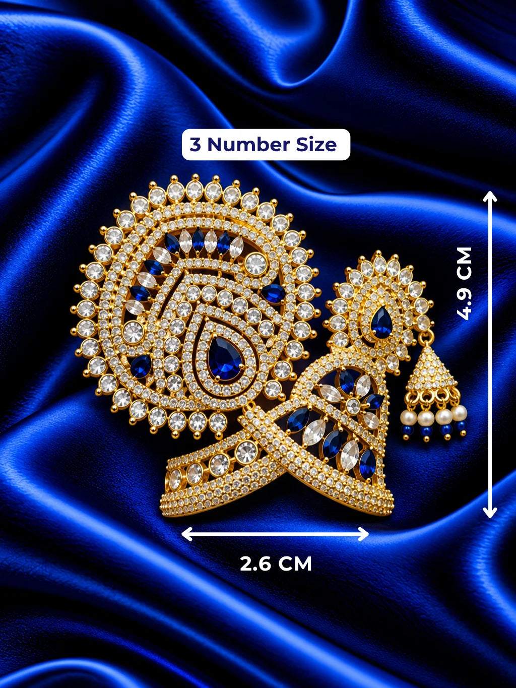 Neel Ratna Darbar AD Mukut for Deity with royal blue jewel-inspired accents and sparkling American Diamond detailing
