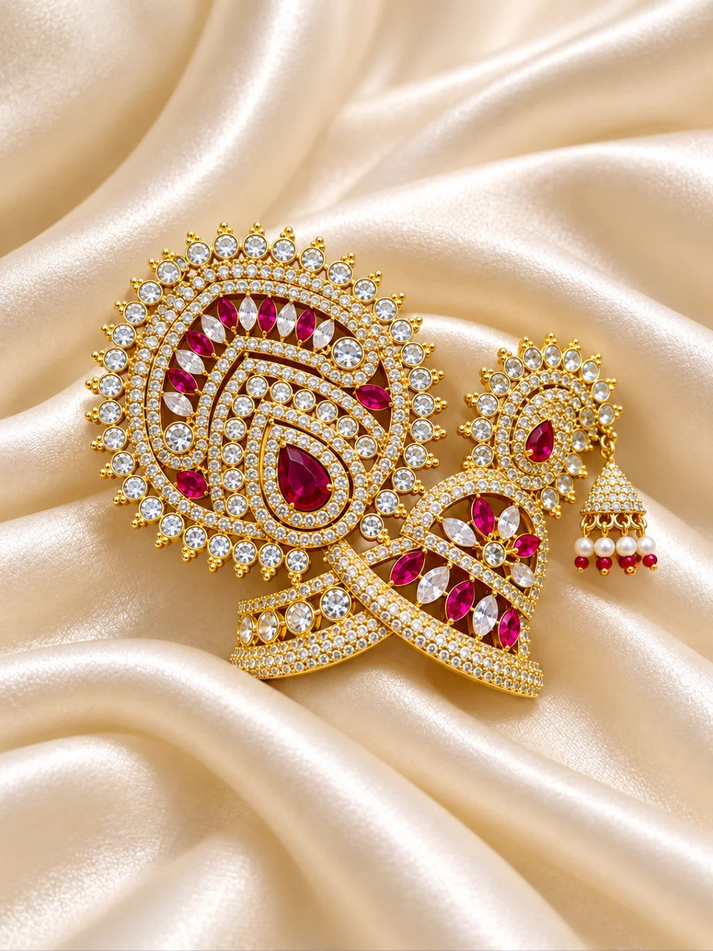 Neel Ratna Darbar AD Mukut for Deity with royal blue jewel-inspired accents and sparkling American Diamond detailing
