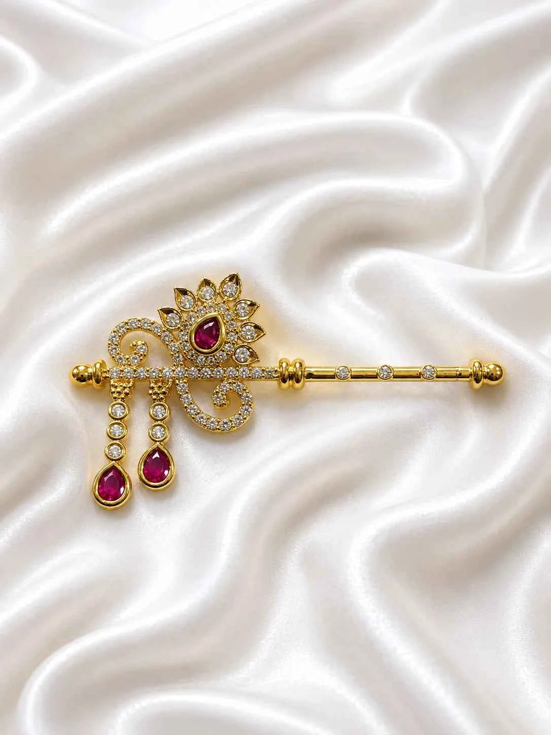 Opulent Pink Teardrop Adorned Murli for Deity