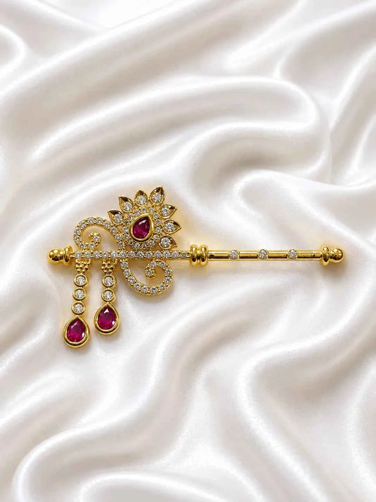 Opulent Pink Teardrop Adorned Murli for Deity
