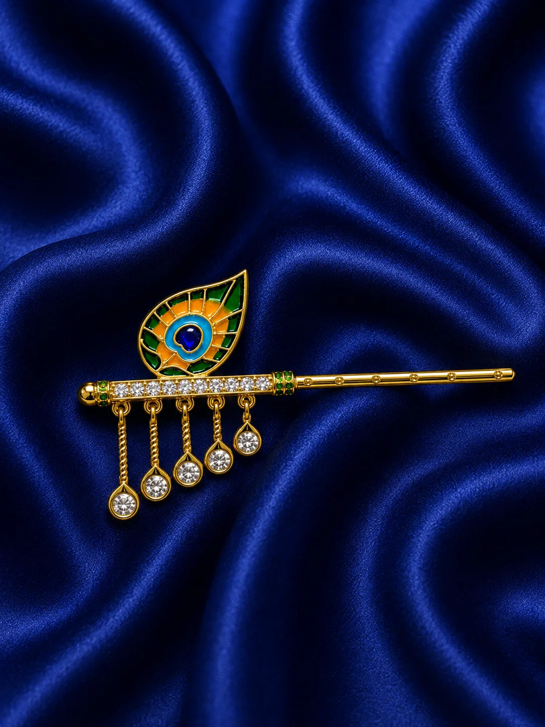 Premium gold plated reed flute with five drop pink gemstone crystals and white American Diamond crest for Kanha Ji shringar