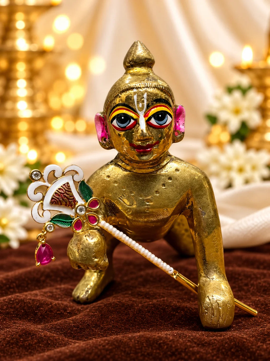Padma Pallavi Gold Plated Bansuri for Deity featuring elegant lotus-inspired ornamental styling and a traditional gold-plated finish for Laddu Gopal and Krishna Ji shringar.
